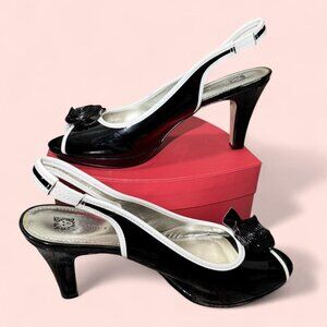 Anne Klein Papillon Rose black and white patent leather peep-toe slingback heels